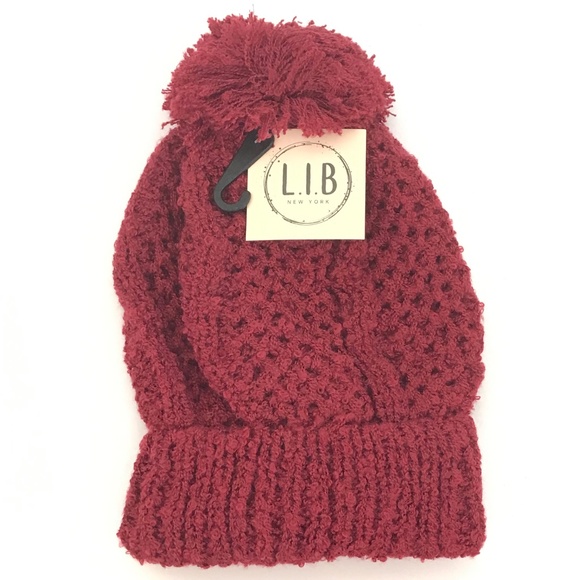 L.I.B. New York Beanie Hat NWT Burgundy Red Cable Knit Pom Pom Hat - Picture 3 of 11